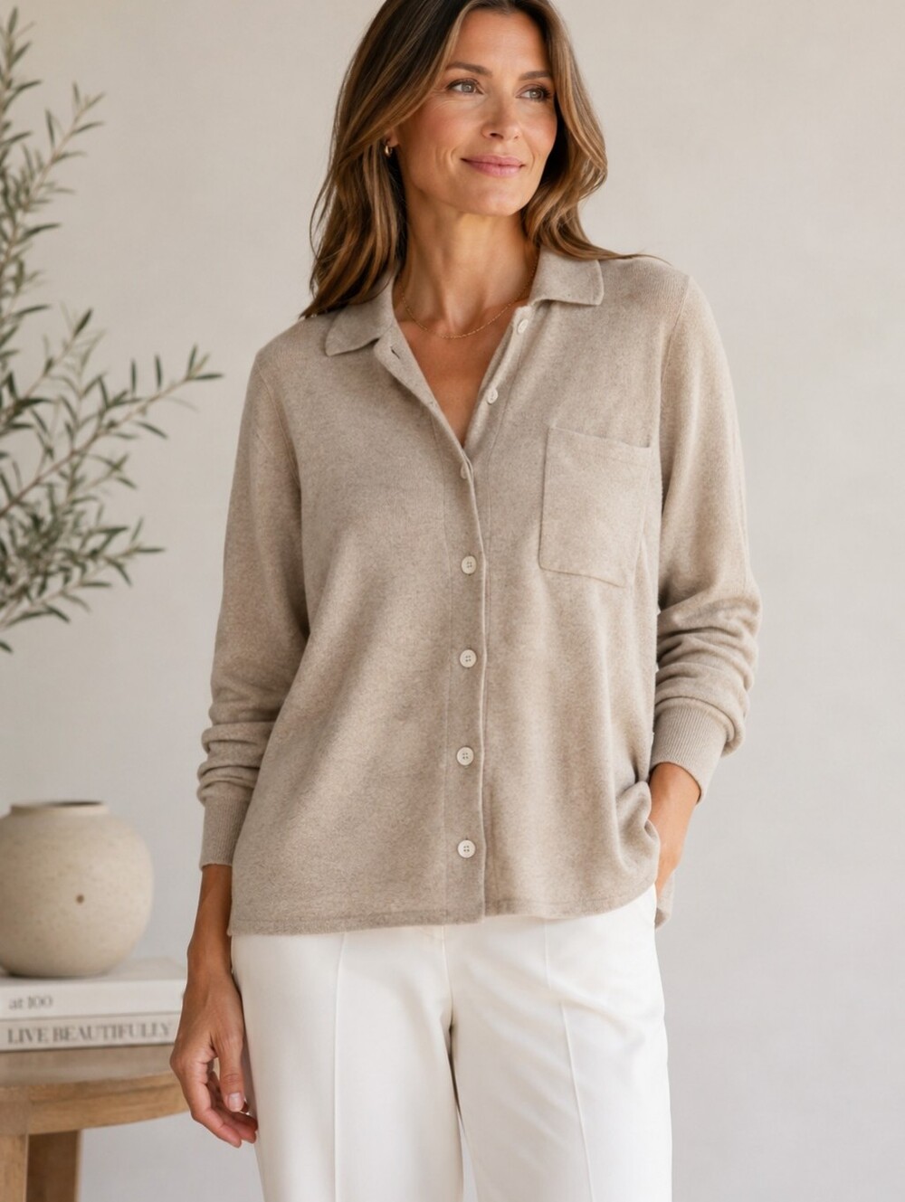 100% Cashmere Stephanie Andrews Beige Button Front Sweater Cardigan Women’s L